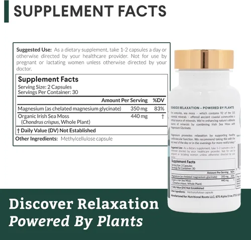 Vista 5 de Nutritional Roots - Magnesio + musgo marino irlandés - 350 mg de glicinato de magnesio y musgo marino irlandés orgánico - Minerales esenciales