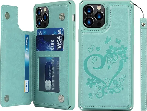 Vista 15 de iCoverCase Compatible con iPhone 12/12 Pro Wallet Funda para teléfono con tarjetero para mujer, bloqueo RFID en relieve de piel sintética con correa