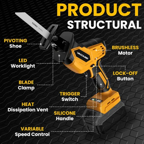 Vista 6 de Sierra de recíproca inalámbrica para batería Dewalt 20 V, motor sin escobillas de 3 velocidades variables 0-3500, cambio de hoja sin herramientas
