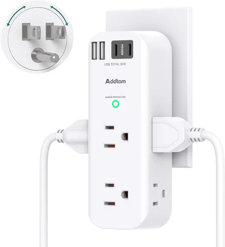 Vista 6 de Addtam Extensor de salida protector de sobretensiones con enchufe giratorio, 6 salidas de CA y 3 puertos USB, regleta de alimentación de pared