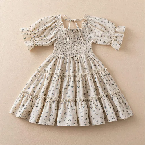 Vista 2 de NNJXD Vestido floral con estampado elástico fruncido para niña, ropa casual de verano