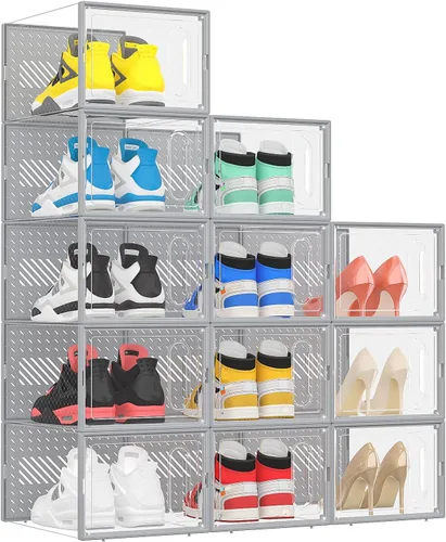 Vista 9 de eWonLife Cajas de zapatos grandes con puerta magnética, paquete de 12 organizadores apilables de almacenamiento de zapatos para armario, contenedor