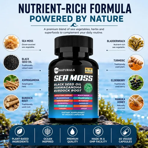Vista 2 de Musgo marino con aceite de semilla negra, vitamina C, Ashwagandha y cúrcuma para apoyo inmunológico y energía, 60 cápsulas veganas + pastillero