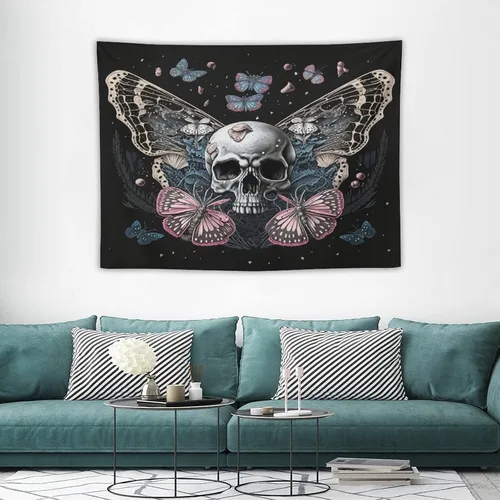 Vista 4 de Naykow Tapiz de calavera y mariposa, tapiz rosa trippy negro, tapiz de bruja gótica para dormitorio, decoración de habitación hippie de mariposa