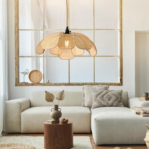 Vista 8 de Candelabros Bohemios Enchufables Luces Colgantes de Ratán Lámpara Colgante de Flores con Interruptor de Encendido/Apagado Cuerda de Cáñamo de 15