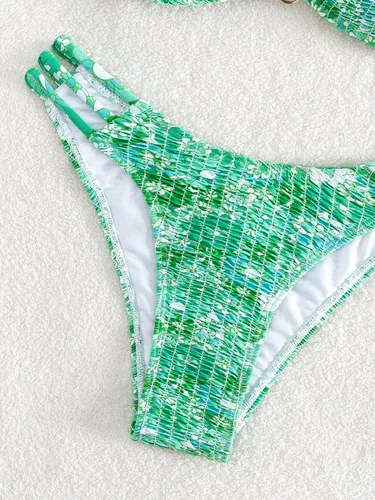 Vista 4 de MakeMeChic Traje de baño de 2 piezas para mujer con estampado floral y corte fruncido