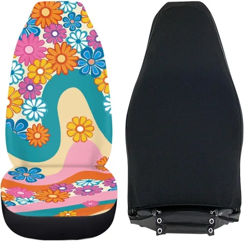 Vista 3 de Funda de asiento de automóvil con margaritas bohemias, diseño hippy arcoíris, margarita, flores, antideslizante, SUV, sedán, furgoneta, protector