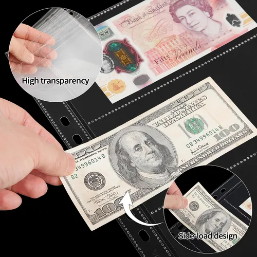 Vista 3 de 20 hojas de páginas de moneda para colección de papel moneda, 3 bolsillos, fundas para monedas/soporte para monedas, páginas de álbum para billetes