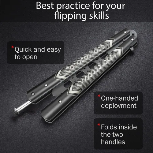 Vista 7 de GOOD WORKER Entrenador de Mariposa - Práctica Balisong Cuchillos de Mariposa NO Reales NO Hoja Afilada - Diseño Genial - Mariposa Negra Sin Brillo