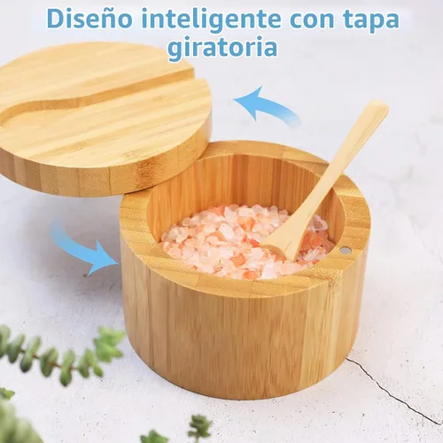 Vista 4 de Sal de bambú HTB con mini cuchara y tapa giratoria magnética Kitchen Salt Box 8 Oz for Countertop,Round Salt Container to Storage Pepper Spice