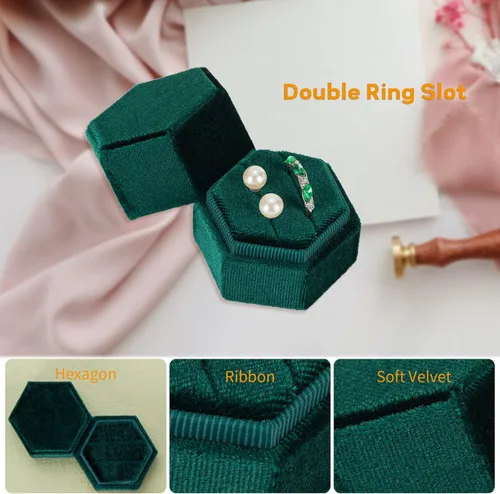Vista 4 de Smileshe Caja para anillos, cajas de joyería de terciopelo para propuesta, compromiso, ceremonia de boda, caja hexagonal con ranura de doble anillo