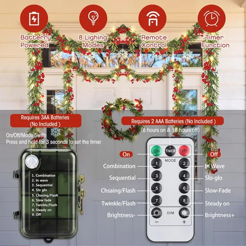 Vista 3 de Duraaamo 5 piezas de guirnalda de Navidad preiluminada con luces de estrella de 1,8 m, 20 luces LED, guirnalda de acebo con bayas rojas, funciona