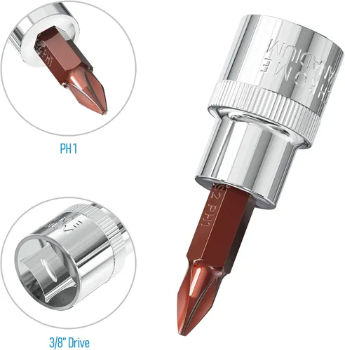 Vista 2 de 2 unidades de 3/8 pulgadas PH1 (#1) Phillips socket, puntas de destornillador de acero S2 tratadas térmicamente, enchufe CR-V de 1.9 pulgadas
