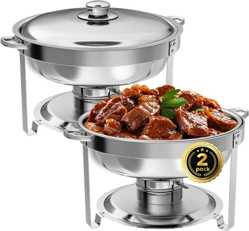 Vista 15 de IMACONE Juego de Bandejas Calentadoras de Buffet 4 Piezas, 5QT Redondas de Acero Inoxidable con Tapa de Vidrio para Catering, Conjuntos