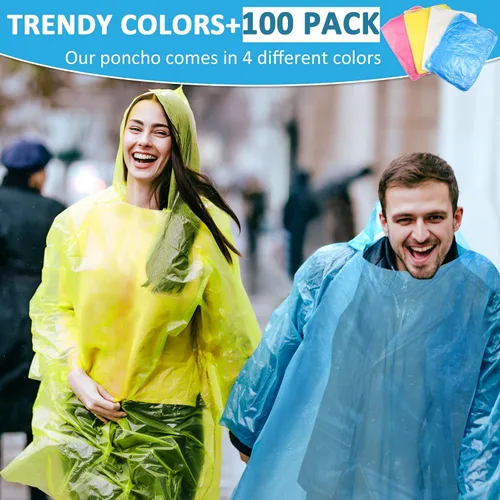 Vista 2 de Foaincore Paquete de 100 ponchos de lluvia desechables para adultos, abrigo impermeable de emergencia con capucha, ponchos desechables para camping