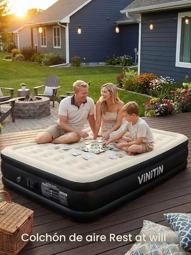 Vista 5 de Colchón de aire Queen con bomba incorporada, cama inflable elevada de 16 pulgadas para hogar e invitados, colchón inflable autoinflable con parte