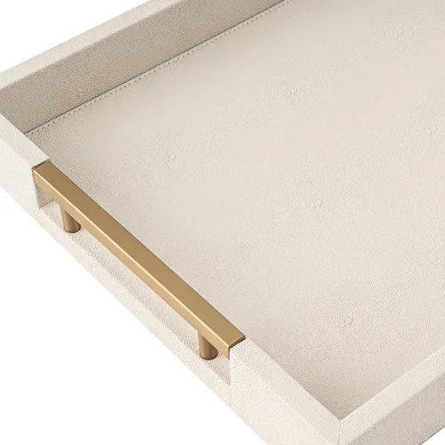 Vista 4 de Bandeja de servicio de piel sintética beige con asas, bandeja decorativa grande para mesa de café, otomana, sala de estar, baño, decoración del hogar