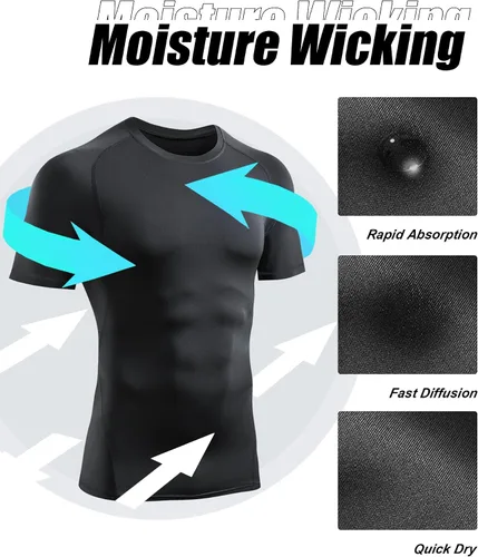 Vista 4 de TELALEO 6 Pack Men's Compression Shirt Short Sleeve Athletic Baselayer Sports T Shirts Workout Tops for Men Black White