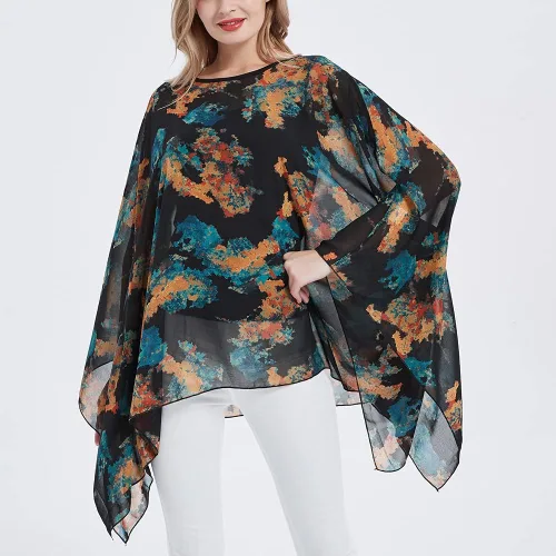 Vista 3 de Poncho de gasa transparente para mujer, suelto, liso, largo, murciélago, caftán, túnica