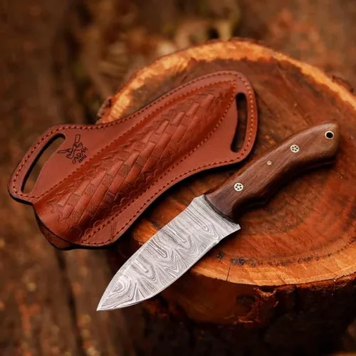 Vista 11 de Cuchillo de caza de acero de Damasco de hoja fija con funda de cuero de 9 pulgadas, cuchillo de caza de espiga completa, mango de madera