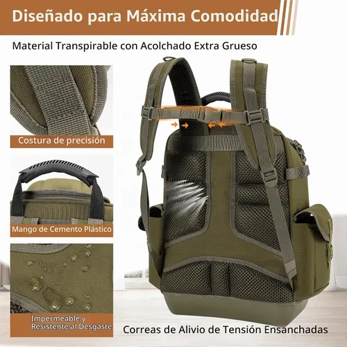 Vista 6 de Mochila de herramientas resistente para hombres, base moldeada impermeable Caqui oscuro