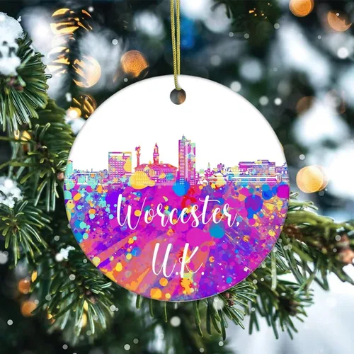 Vista 2 de Two-Side Printed United Kingdom-Worcester Ceramic Christmas Ornament, Novelty for Family Friends Kids, Colorful City Painting Christmas Keepsake