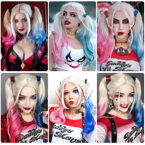 Vista 6 de Harley Quinn Peluca larga rosa y azul para mujer, peluca de cosplay, peluca de Halloween, fiesta, espectáculo, uso diario, peluca de fibras