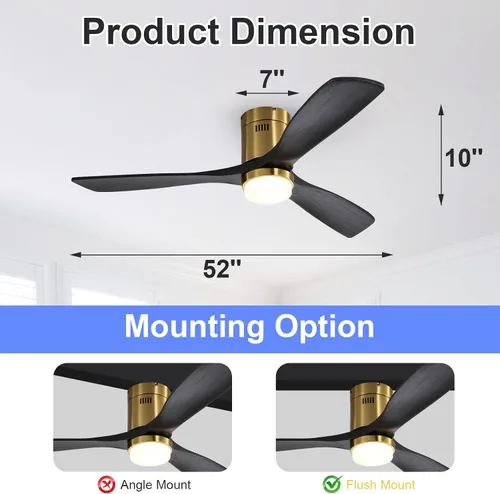 Vista 6 de Sofucor - Ventilador de techo de 52 pulgadas con luces, ventilador de techo empotrado negro para interiores/exteriores con control remoto de luz