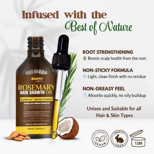 Vista 6 de Aceite de romero para el crecimiento del cabello (3.4 onzas líquidas) infundido con biotina, vitamina E, aceite de almendras y coco, fortalece