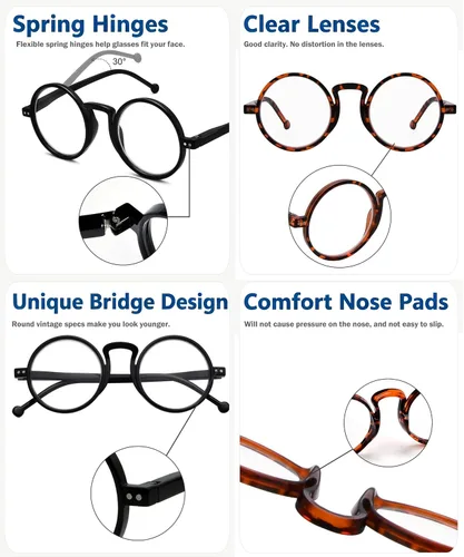 Vista 4 de Eyekepper Paquete de 4 Gafas de Lectura Redondas de Gran Tamaño (2 Pares Negros y 2 Pares Carey) para Hombres y Mujeres Lectores Retro +1.00