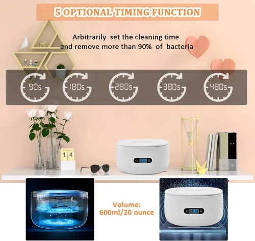 Vista 2 de Limpiador ultrasónico de joyas, limpiador de joyas con temporizador digital de 40 kHz, 20.3 fl oz, limpiador ultrasónico de joyas con cesta
