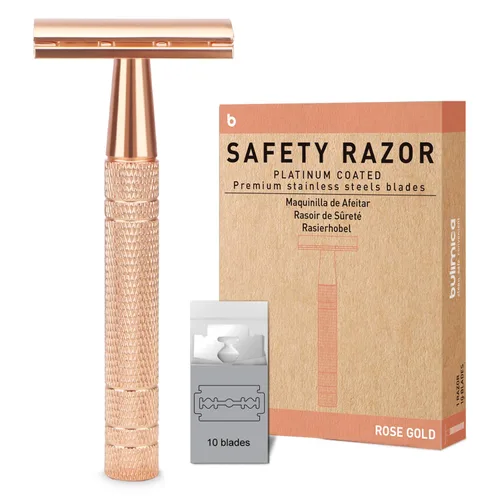 Vista 21 de Maquinilla de afeitar de seguridad azul, navajas de una sola hoja para hombres Reusable Metal Razor, with 10 Platinum Coated Double Edge Blades