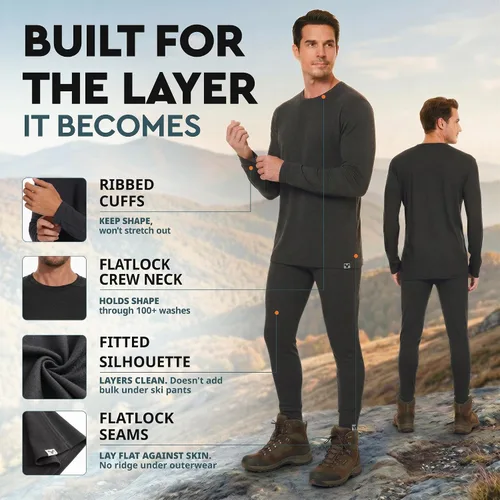 Vista 3 de MERINNOVATION Merino Wool Base Layer Set for Men 100% Merino Wool Pajamas Set Thermal Sleep PJS Lite - Midweight Top, Bottom . Carbón 165
