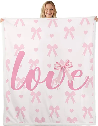 Vista 24 de Manta de franela rosa con lazo, estilo princesa, manta de forro polar de ensueño para decoración del hogar, sofá, sofá, manta romántica de forro