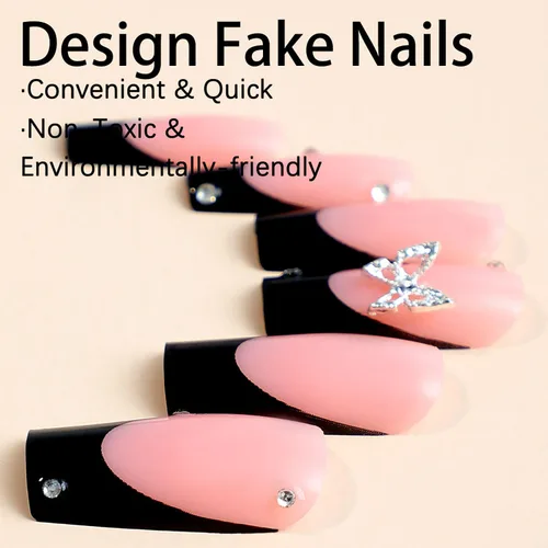 Vista 4 de 24 uñas postizas a presión de punta francesa negra, uñas postizas largas cuadradas, color rosa, cobertura completa, con diamantes de imitación, L1.