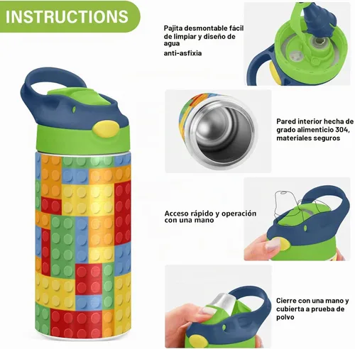 Vista 5 de Kigai Botella de agua pequeña para niños, 12 onzas, bloques de construcción, botella aislada con tapa con pajilla, vaso de acero inoxidable, vaso