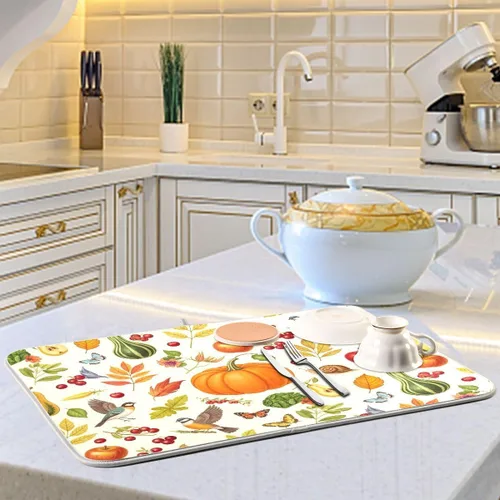 Vista 6 de Tapete de secado de platos de calabaza de otoño con girasol para encimera de cocina, absorbente, almohadilla de microfibra para secar platos