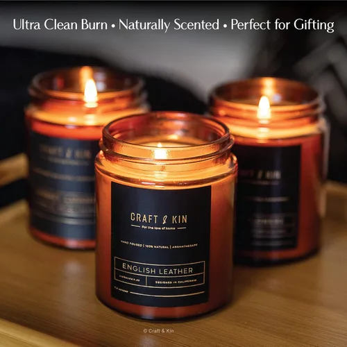 Vista 3 de Craft & Kin - Vela perfumada de cuero inglés de alta calidad, larga duración, 45 horas de tiempo de combustión, vela perfumada de soja natural