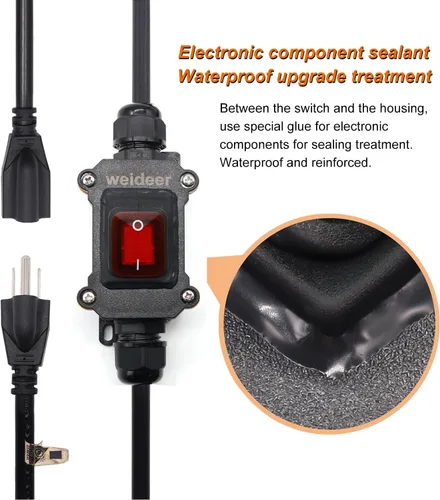 Vista 2 de weideer Cable de extensión con interruptores de alimentación de encendido/apagado IP67 impermeable 20A 250V 16AWG 2FT 3Pin enchufes enchufes