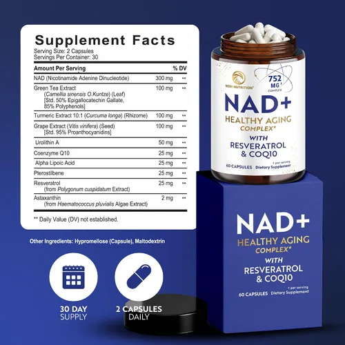 Vista 6 de Suplemento NAD+ con resveratrol Complejo de envejecimiento saludable Alternativa NMN con CoQ10, urolitina A y más Probado por terceros Apoyo