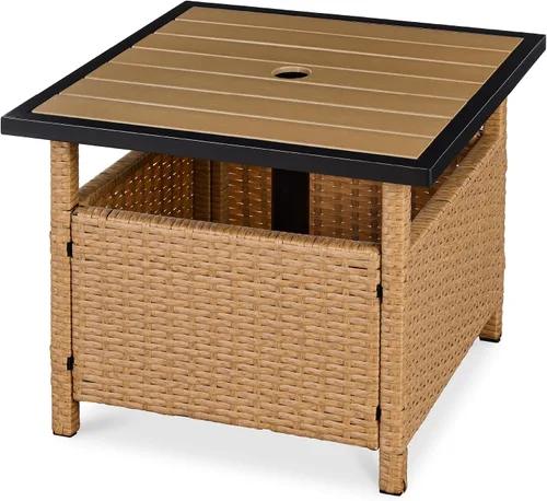 Vista 9 de Best Choice Products Mesa auxiliar de mimbre con agujero para paraguas, mesa auxiliar cuadrada de ratán de polietileno para patio, jardín, piscina