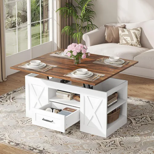Vista 9 de Saudism Mesa auxiliar elevable de 40 pulgadas, mesas auxiliares multifunción 4 en 1 con cajones de almacenamiento y compartimentos ocultos, mesa