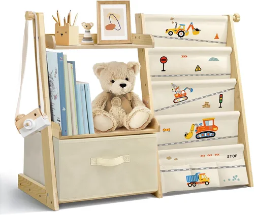 Vista 7 de Estantería infantil y organizador de juguetes 2 en 1, estante para libros para habitaciones de niños con cubo de juguetes móvil, estante de 4 Beige