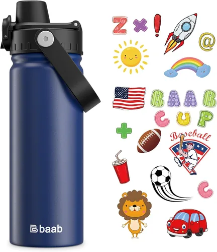 Vista 13 de baab Botella de Agua para Niños de 18 oz, Botella de Agua Aislada para Niños con Tapa de Boquilla Bloqueable y Calcomanías, Taza de Agua para Niños