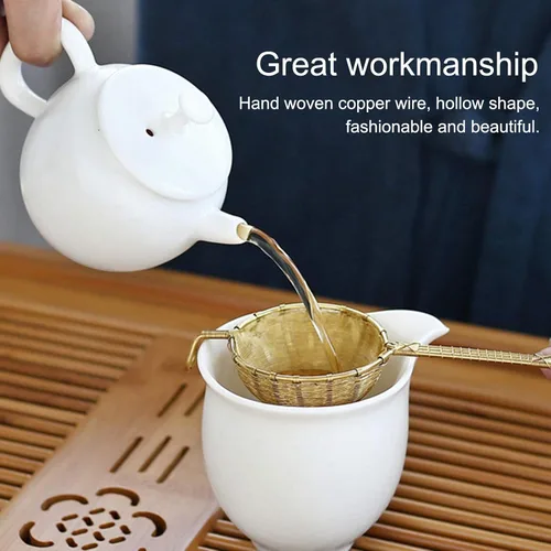 Vista 5 de Infusor de té de cobre colador de malla densa reutilizable filtro de tetera de hojas sueltas con mango largo para tetera