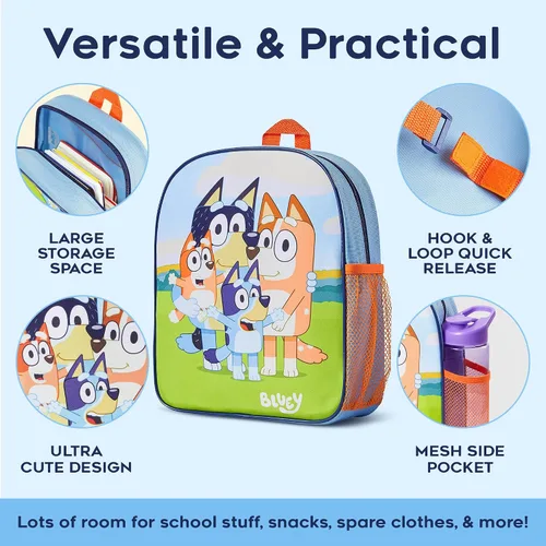 Vista 5 de Bluey Mochila, mochila para niños con interior espacioso, bolsillos laterales de malla, linda mochila para niños y niños pequeños con correas