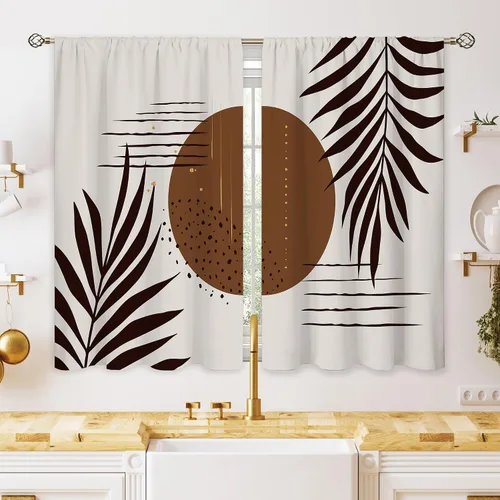 Vista 10 de Cortinas bohemias de cocina pequeñas de mediados de siglo, tratamiento abstracto moderno para ventana, bolsillo para cortinero, cortinas cortas