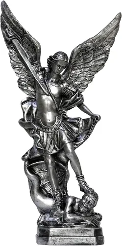 Vista 8 de Estatua de San Miguel Arcángel de 31.8 cm de alto, santo arcángel Miguel derrotó al dragón malvado, escultura de ángel de batalla religiosa