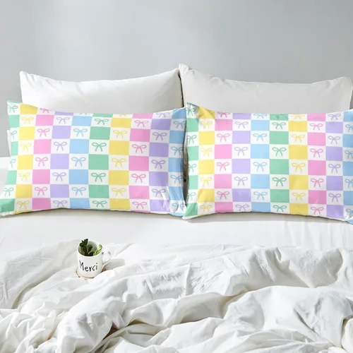 Vista 5 de Juego de funda de edredón de dibujos animados con lazo, tamaño individual, juego de ropa de cama a cuadros geométricos coloridos, decoración