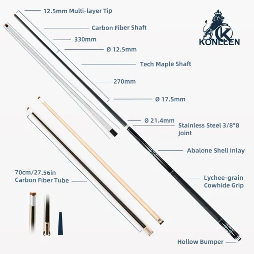 Vista 7 de KONLLEN Pool Cue, Dual Shaft, Carbon Fiber & Maple Shaft, Low Deflection
